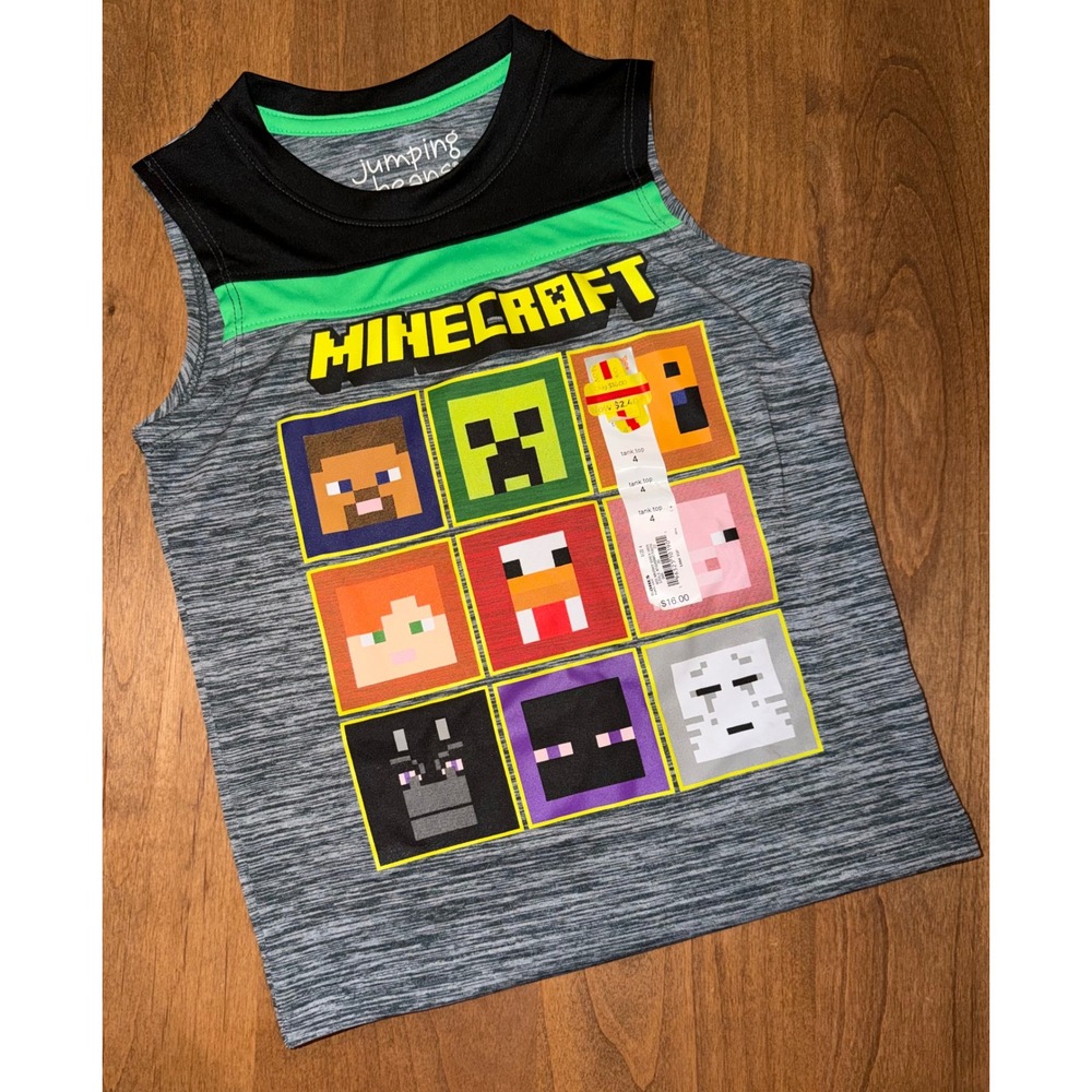 Jumping Beans Minecraft Boys Tank Top Grey Space Dye Sleeveless Tee Size 4